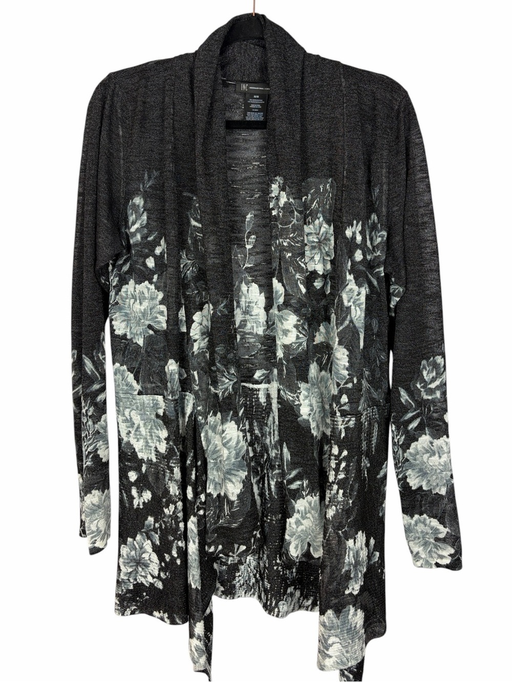 INC International Concepts Floral Open Front Cardigan Gray Lightweight Duster